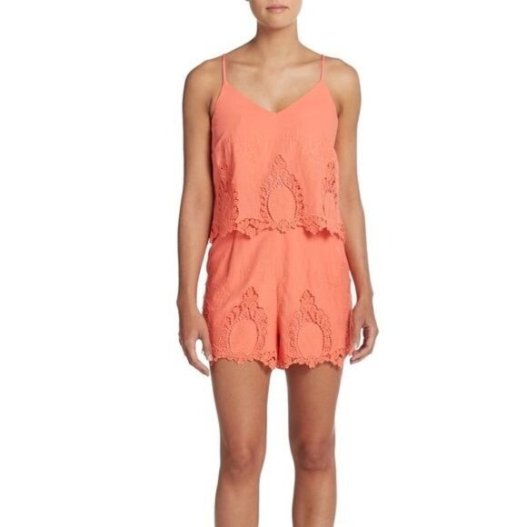 Saks Fifth Avenue Coral Crochet Lace Sleeveless Romper M - Picture 1 of 6